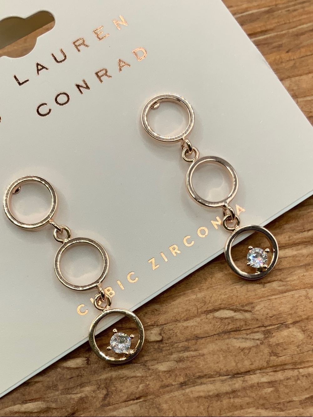 LC Lauren Conrad Rose Gold Linked Circle Clear Stones Drop Earrings